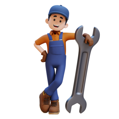 3d construction worker character lying on big wrench png